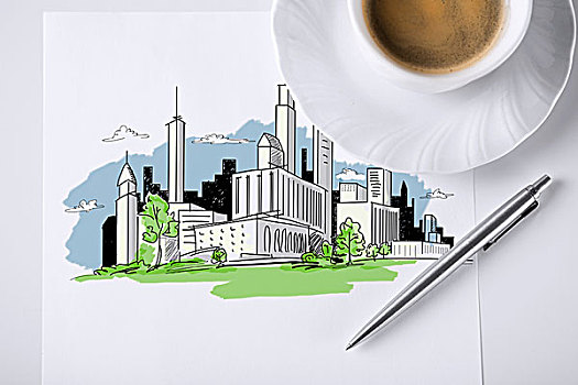 商务,建筑,概念,纸,留言,城市,素描,咖啡