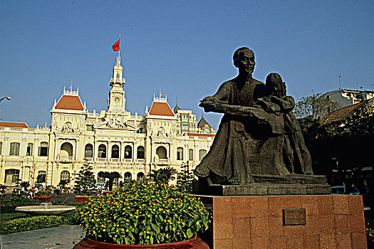 越南,胡志明市,西贡,法国,市政厅,胡志明,雕塑
