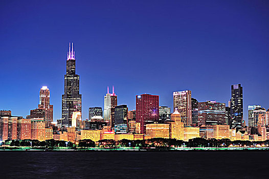 芝加哥,天际线,黄昏