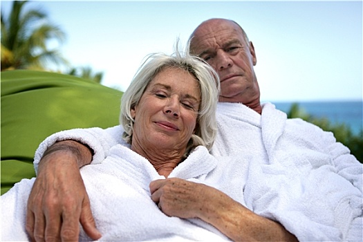 老年,夫妻,放松,浴袍