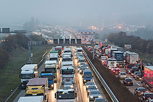 塞車,霧,靠近,斯圖加特,巴登符騰堡,德國,歐洲