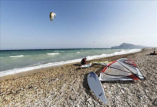 风帆冲浪者,戴着,头盔,海滩,地中海海岸,西班牙