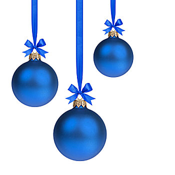 构图,三个,蓝色,圣诞节,彩球,悬挂,丝带,白色背景