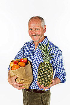 老人,包,水果,菠萝,手