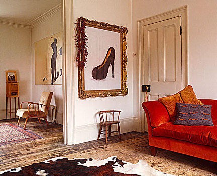 鲜明,橙色,天鹅绒,沙发,接触,魅力,客厅,乔治时期风格,房子,伦敦