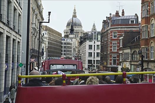 双层巴士,舰队街,圣保罗大教堂,远景,伦敦,英格兰