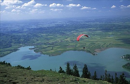 滑翔伞,科赫尔湖,湖,山峦,巴伐利亚,德国,欧洲,探险