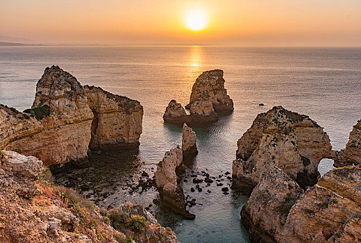 日出,上方,海洋,岩石海岸,砂岩,岩石构造,海中,阿尔加维,拉各斯,葡萄牙,欧洲