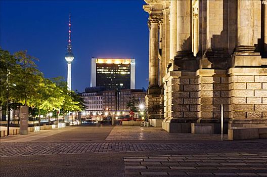 天际线,柏林,晚上,电视塔,国际贸易,中心,德国国会大厦,德国