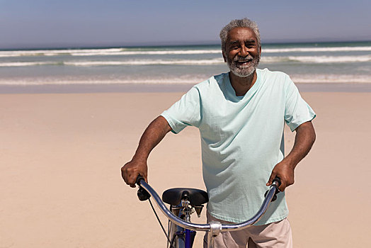 老人,自行车,站立,海滩