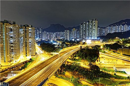 航拍,城市,高架路,夜晚,香港
