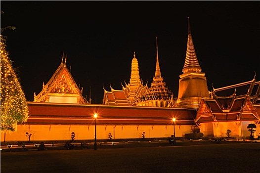 寺院,夜晚,玉佛寺,曼谷,泰国