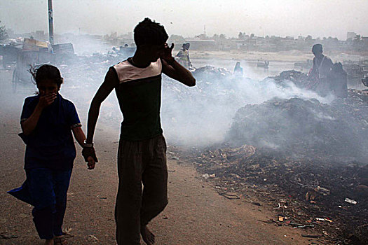 燃烧,垃圾,旁边,危险,污染物,达卡,孟加拉,五月,2007年