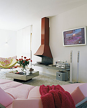 风景,粉色,沙发,壁炉,红色,烟囱,胸部,现代生活,房间