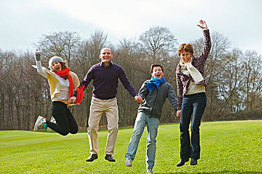 微笑,家庭,握手,跳跃,公园