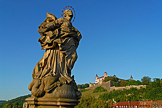 雕塑,圣母玛利亚,玛利恩堡,要塞,背影,维尔茨堡,巴伐利亚,德国,欧洲