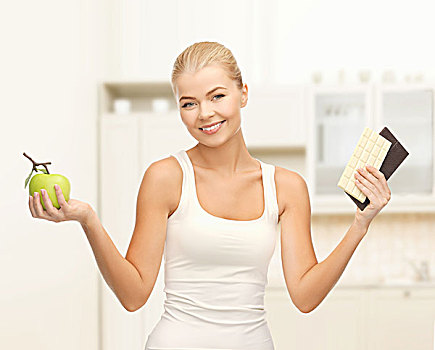健身,节食,概念,运动,女人,苹果,巧克力块