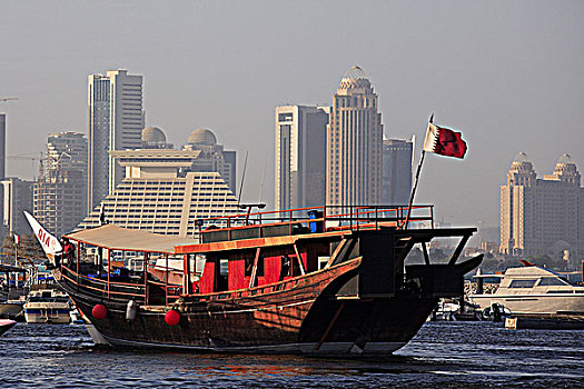 卡塔尔,多哈,天际线,传统,独桅三角帆船,船,港口