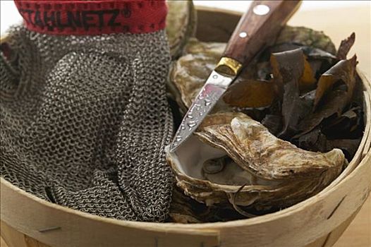 新鲜,牡蛎,木篮,手套,刀