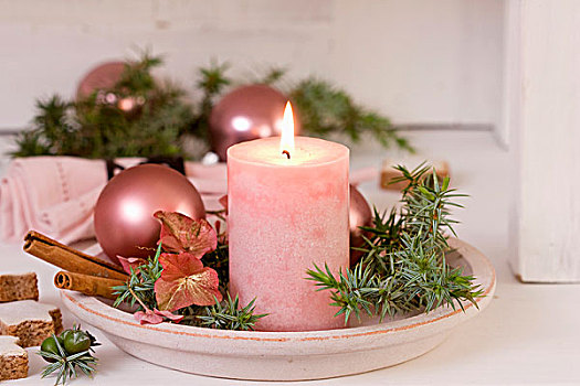 蜡烛,桧属植物,圣诞节饰物,八仙花属,花,盘子
