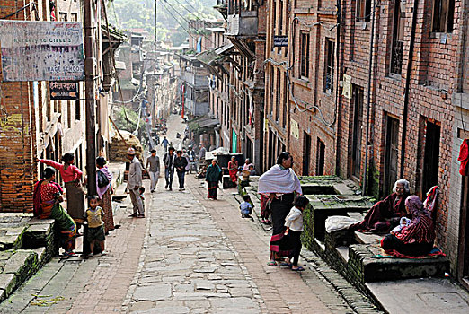 传统服饰,历史,街道,巴克塔普尔,加德满都山谷,尼泊尔,亚洲
