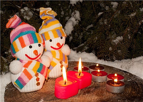 两个,雪人,燃烧,心形,蜡烛