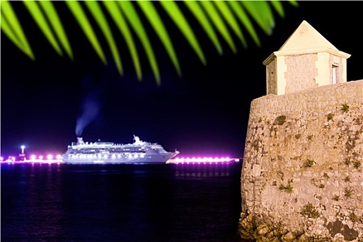 伊比萨岛,夜晚,城镇,游船,光亮,塔
