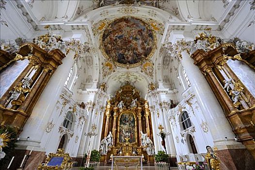 圣坛,穹顶,壁画,寺院,圣母升天大教堂,圣母玛利亚,湖,地区,巴伐利亚,德国,欧洲