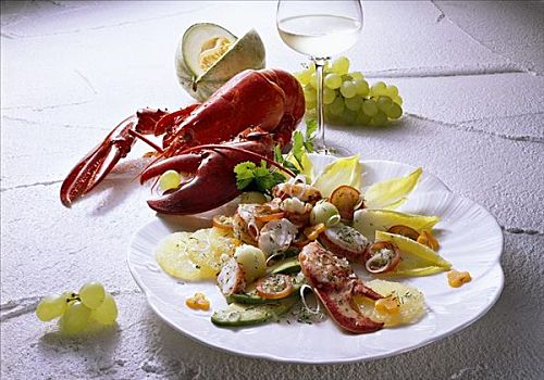 龙虾,沙拉,水果,菊苣,白葡萄酒,玻璃