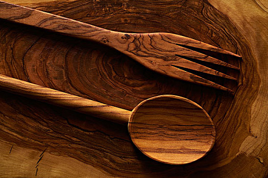 橄榄,木头,勺子,叉子,相同,木质,案板,厨具