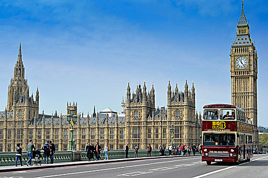 红色,双层巴士,观光,巴士,旅行,威斯敏斯特桥,大本钟,塔,威斯敏斯特宫,议会大厦,世界遗产,伦敦,英格兰,英国,欧洲