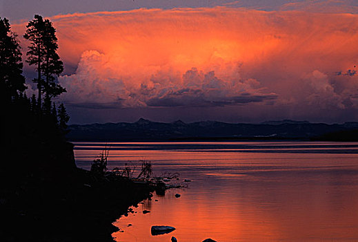 日落,黄石湖,浮岩,黄石国家公园