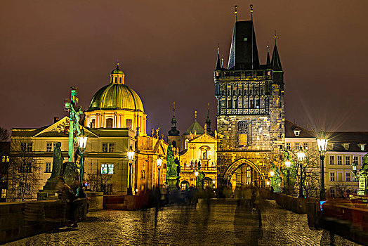 查理大桥,桥,塔,教堂,夜景,历史,中心,布拉格,波希米亚,捷克共和国,欧洲