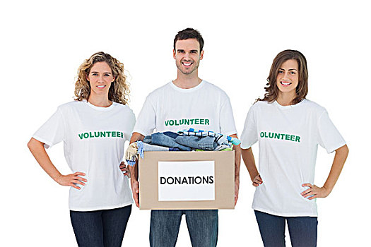 微笑,志愿者,拿着,捐赠,盒子