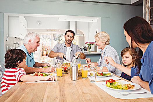 幸福之家,祖父母,坐,餐桌,家