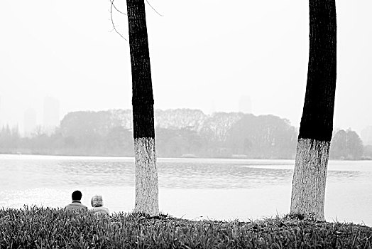 情侣,坐,湖,公园,中国