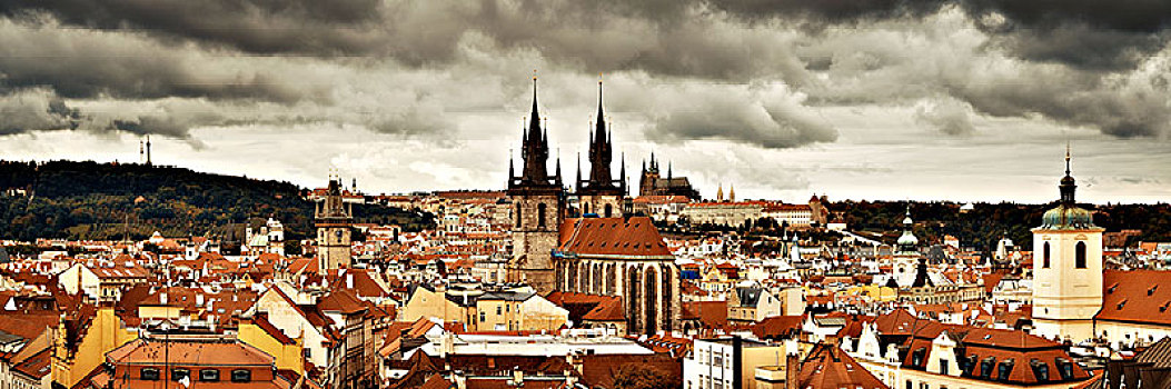 圣母大教堂,布拉格,天际线,屋顶,全景,风景,捷克共和国