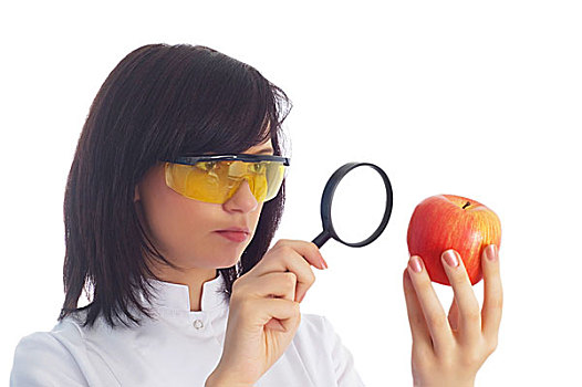 女性,科学家,看,苹果,放大,镜片