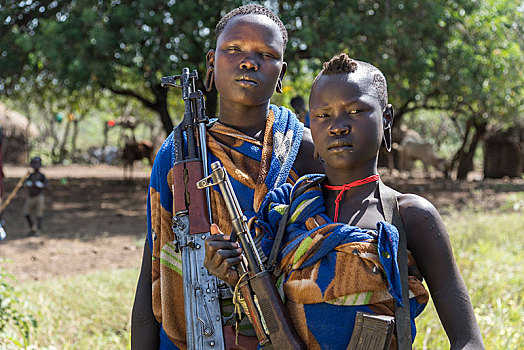 两个,美女,战士,头像,莫西部落,南方,区域,埃塞俄比亚,非洲