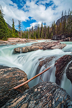 瀑布,长时间曝光,天然石桥,下瀑布,落基山脉,幽鹤国家公园,艾伯塔省,省,加拿大,北美