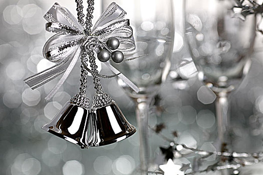 圣诞节,铃,两个,空,葡萄酒杯,银,背景
