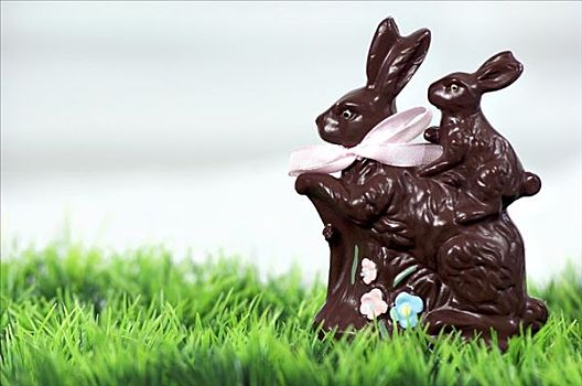 两个,复活节巧克力兔,青草