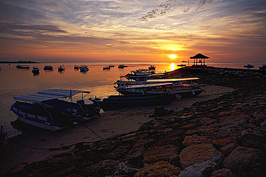 日出,上方,渔船,贝诺瓦,巴厘岛,印度尼西亚