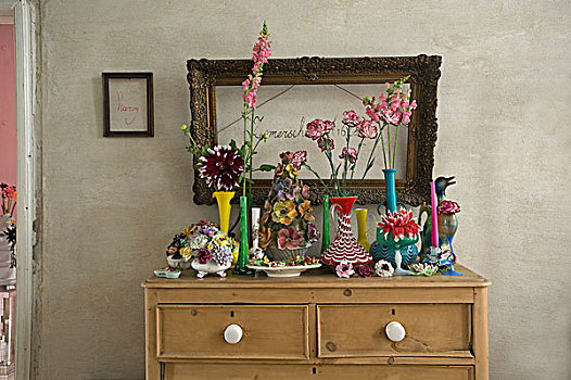 彩色,收集,花瓶,抽屉,画框,灰色,墙壁