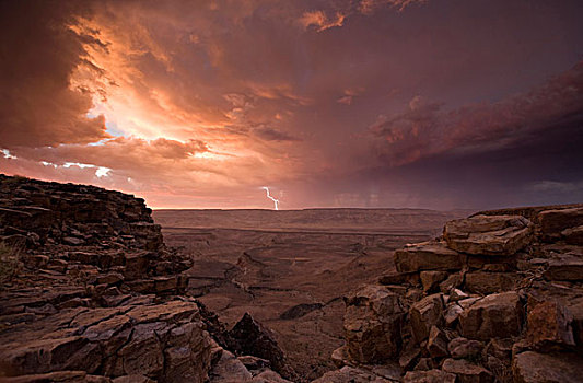 纳米比亚,鱼河大峡谷,国家公园,闪电,乌云,高处,墙壁,黄昏