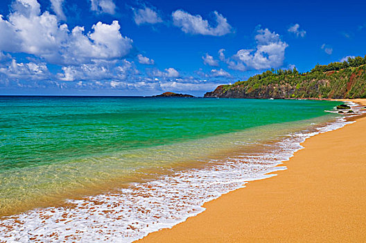 海浪,沙子,蓝色,绿色,水,秘密,海滩,岛屿,考艾岛,夏威夷