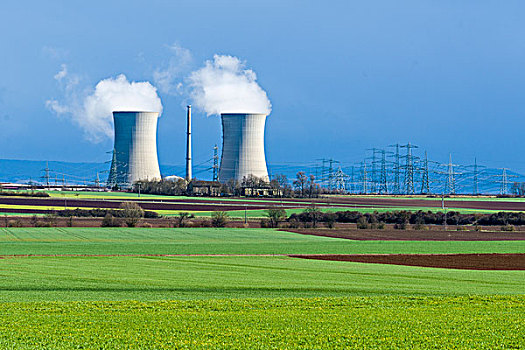 格拉芙莱茵费德,核电站,蒸汽,室外,冷却塔,阴天,巴伐利亚,德国,欧洲