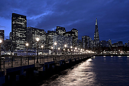 码头,天际线,夜晚,旧金山,加利福尼亚,美国