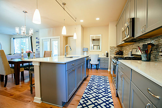 现代住宅,厨房,用餐,绿色,灰色,合适,厨房操作台,蓝色,地面,地毯