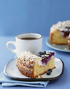 块,蓝莓,咖啡蛋糕,一杯咖啡